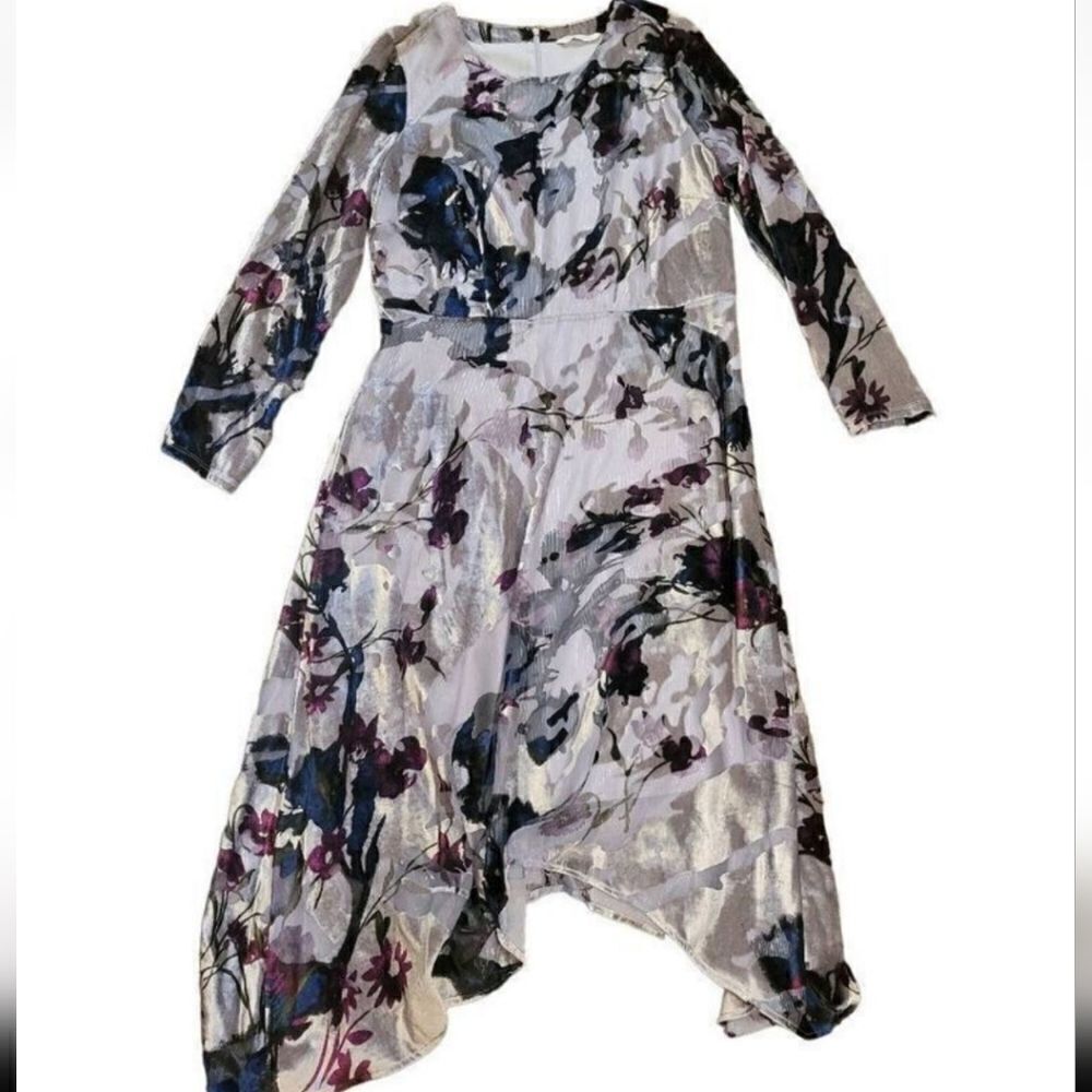 Soft Surroundings Dress Women's Medium Silver Velvet Shimmer Floral Midi Boho